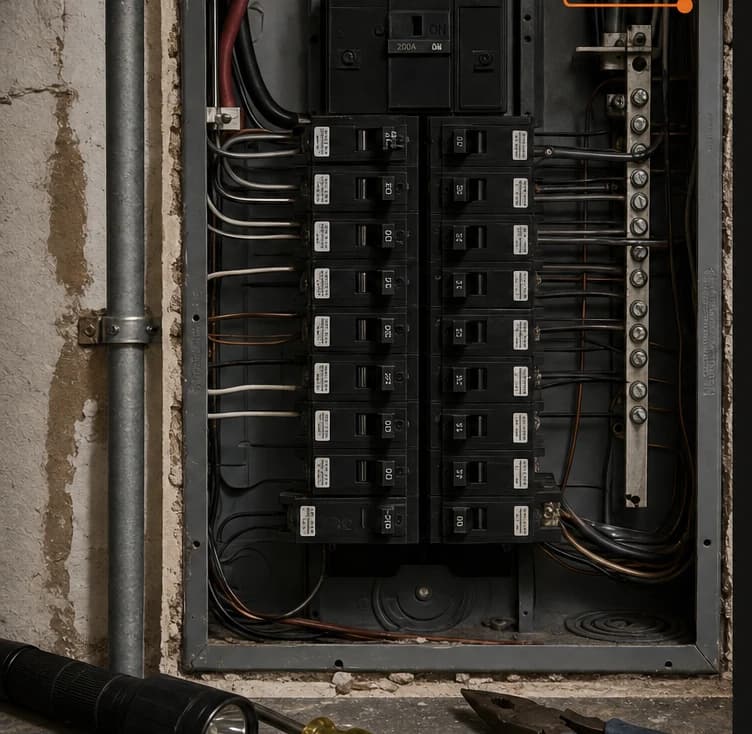 Closed residential electrical panel beside a home
