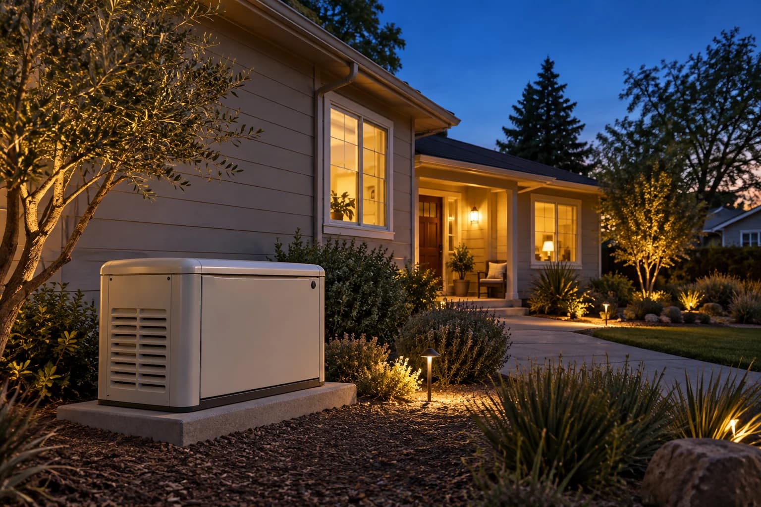 An enclosed outdoor standby generator beside a warmly lit California home at dusk