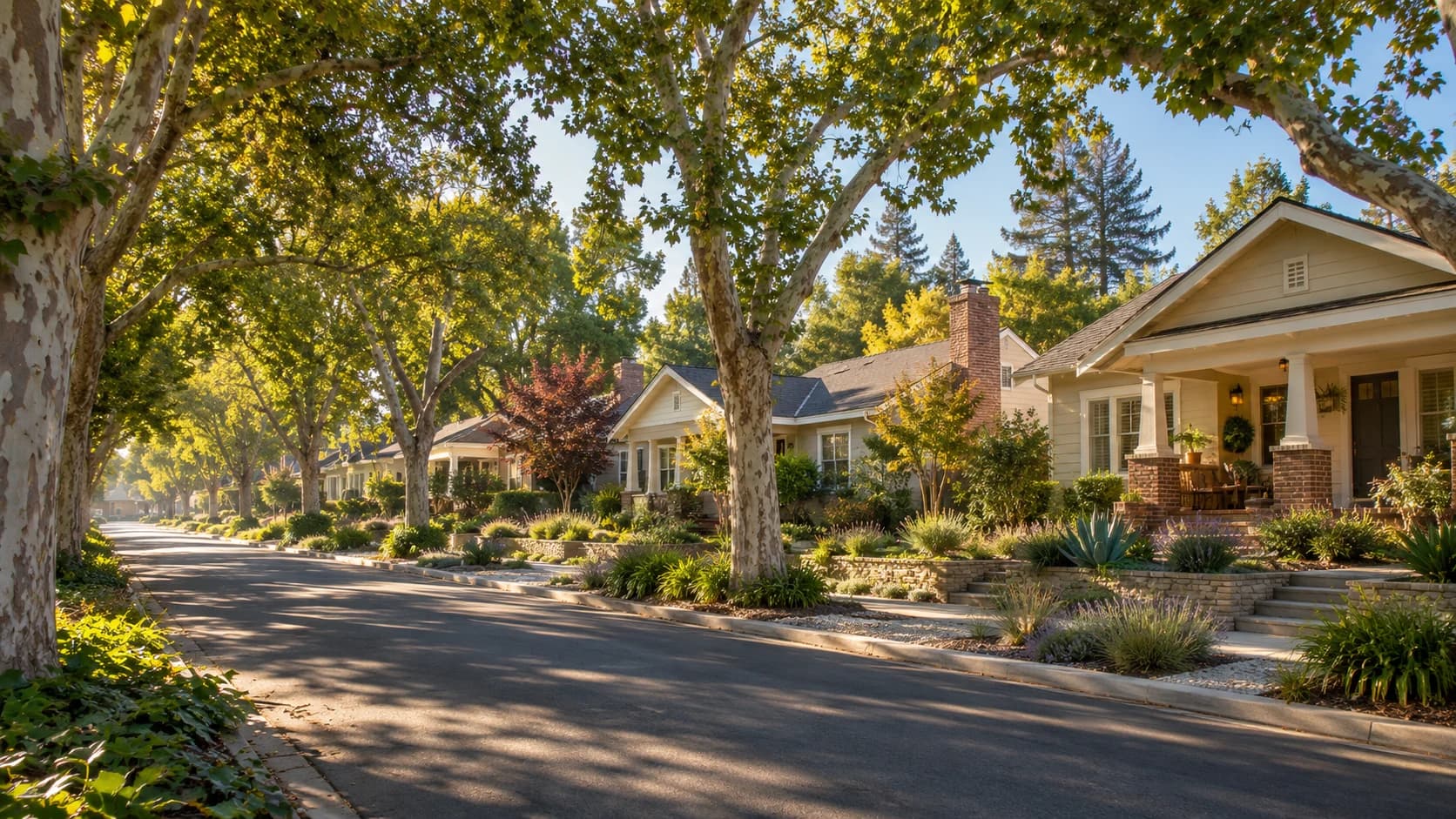 Illustrative tree-lined California neighborhood with welcoming homes and front gardens