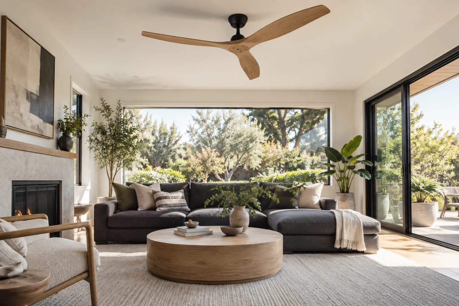 Natural oak ceiling fan above a bright contemporary living room