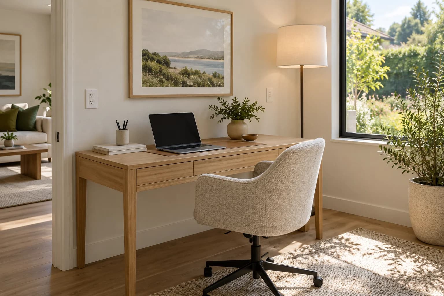 Sunlit home office with oak desk and wall outlets