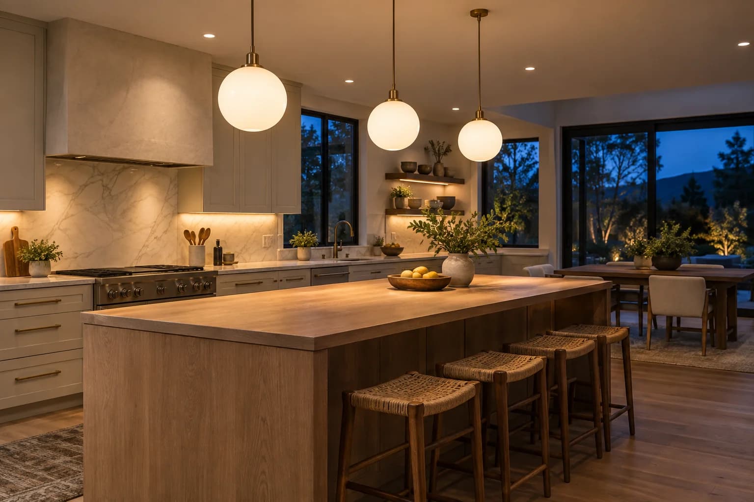 Warm pendant and under-cabinet lighting in an oak kitchen at dusk