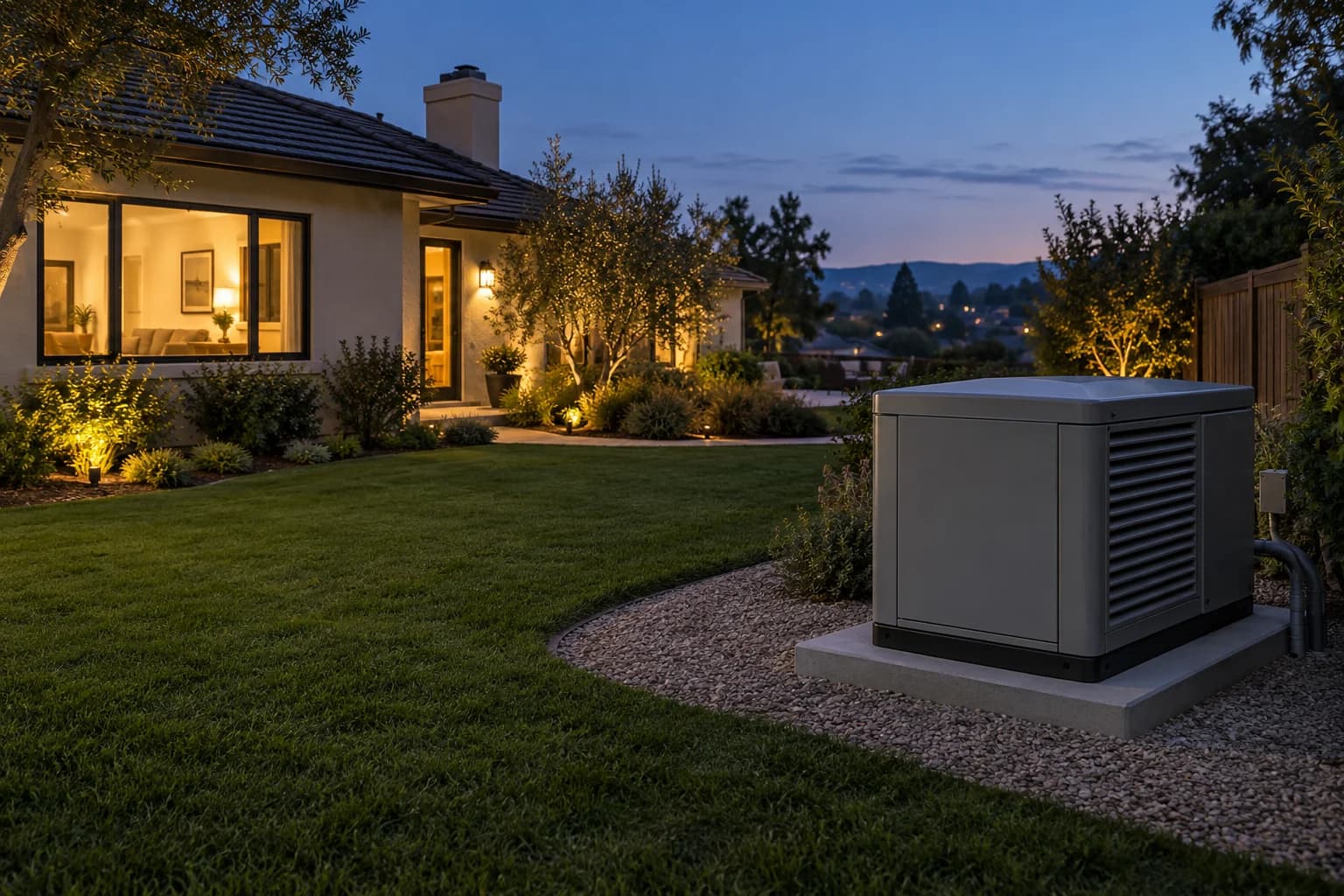 Closed standby generator in a spacious garden with a warmly lit house in the background
