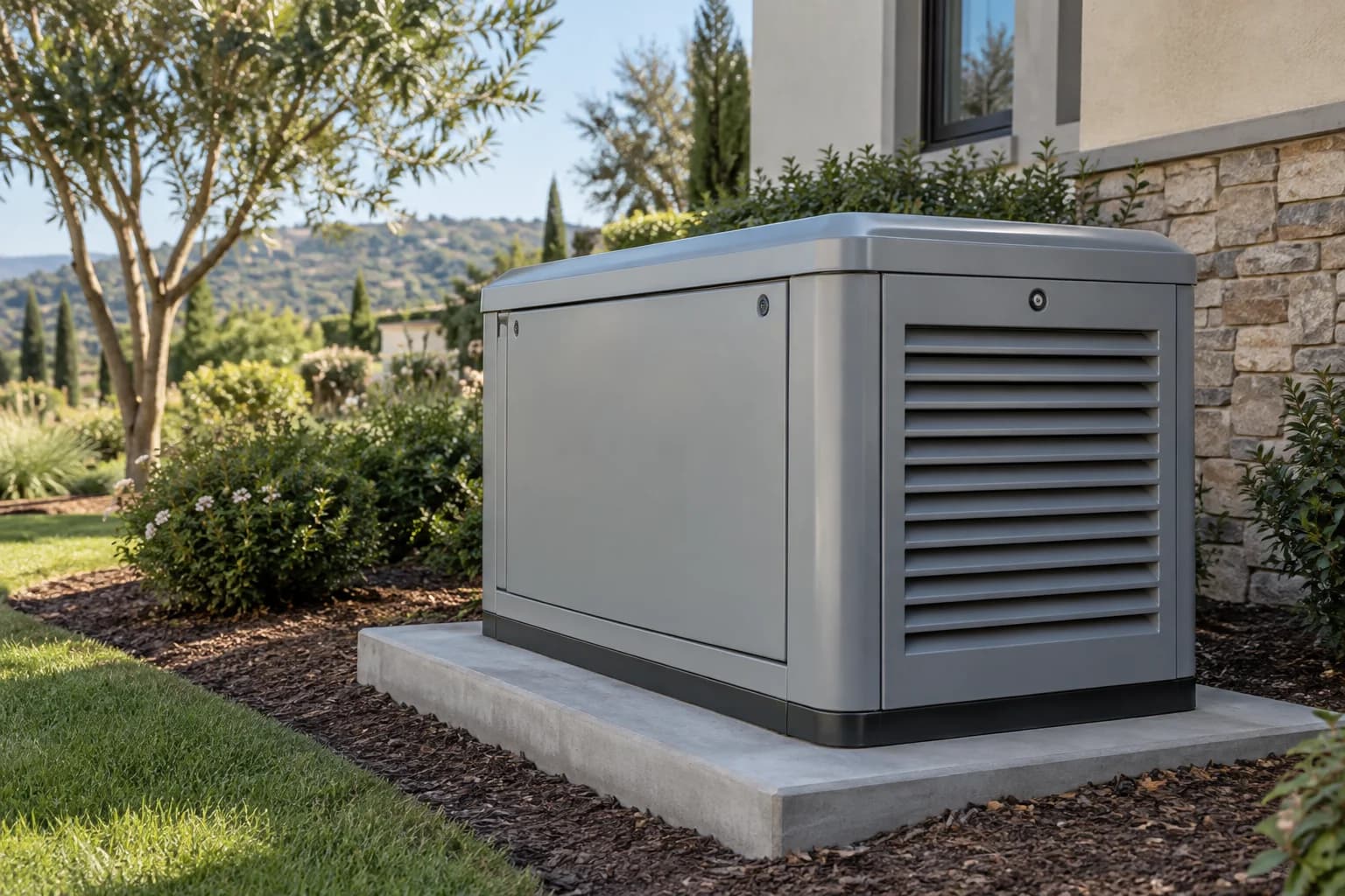 Gray enclosed standby generator on a concrete pad in a residential garden