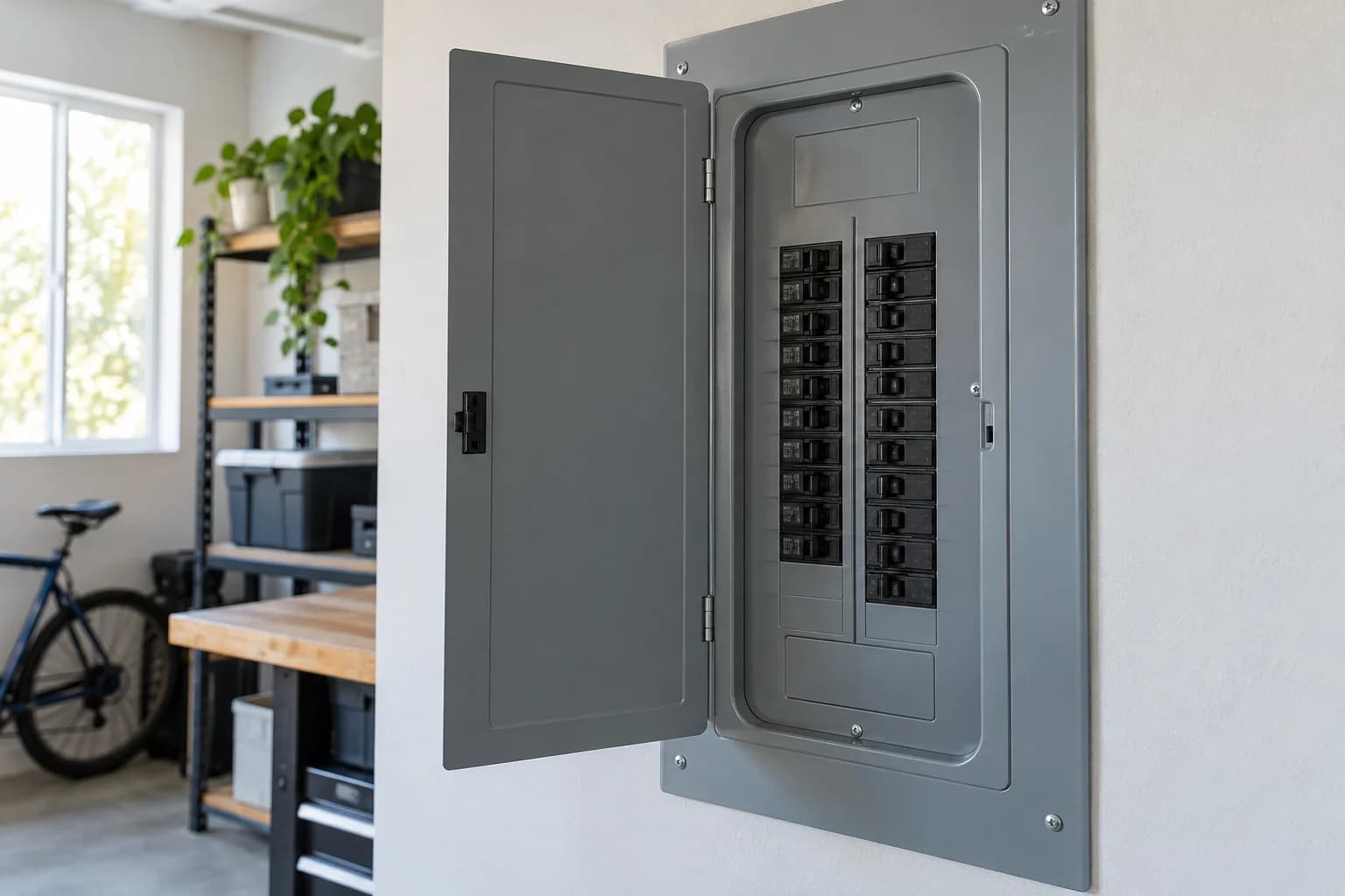 Residential breaker panel with the outer door open and interior protective cover in place